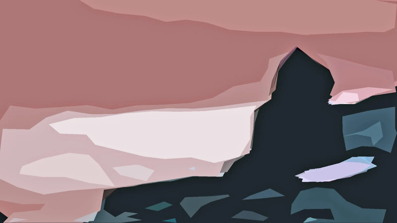 Abstrakte Low-Poly-Landschaft mit rosafarbenen Flächen im Himmel und dunklen, blaugrauen Felsformen im Vordergrund.