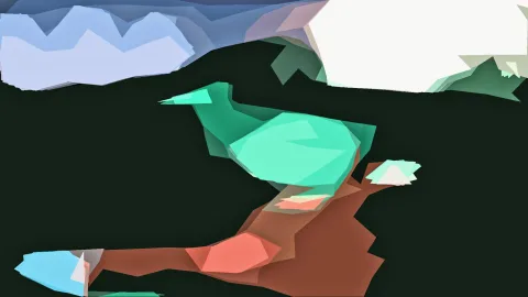 Low-Poly-Illustration eines türkisfarbenen Vogels auf einem braunen Ast vor dunklem Hintergrund, oben links blaue Wolkenformen, oben rechts weiße Fläche.