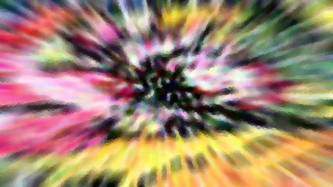 Abstrakte Komposition mit radial von einem dunklen Zentrum nach außen laufenden Streifen in Pink, Gelb, Grün und Weiß, leicht pixelig und verwischt.