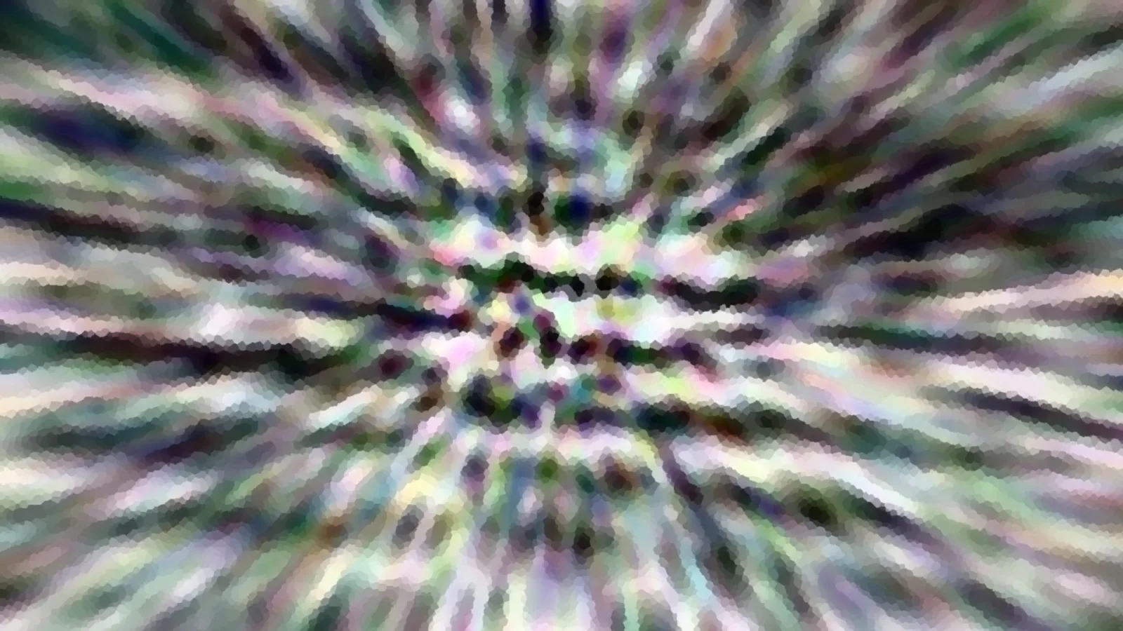 Abstraktes Bild mit radial von der Mitte ausgehenden Streifen in Grün, Lila und Weiß, mosaikartig verpixelt.