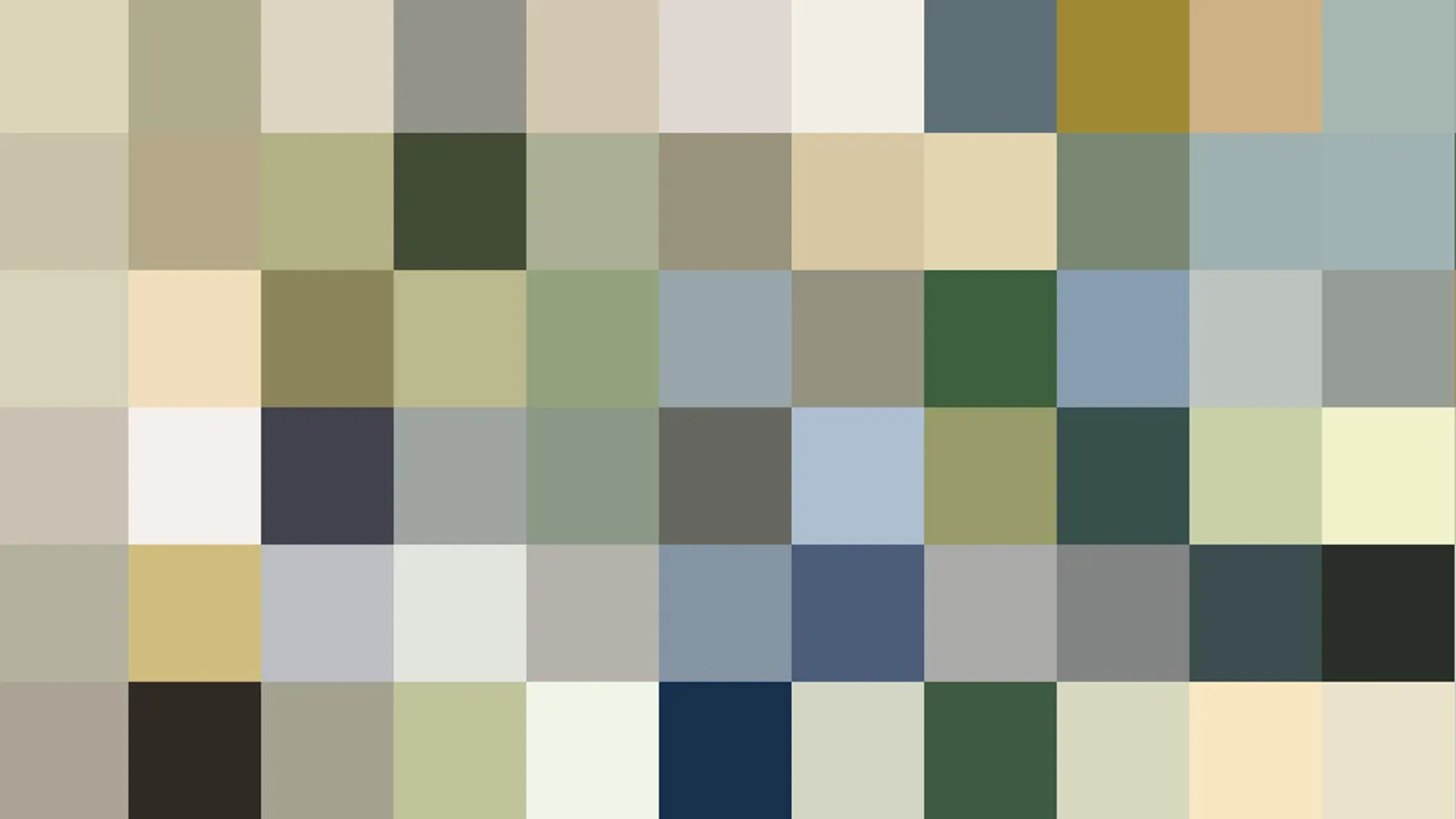 Raster aus kleinen Farbquadraten in Beige, Oliv, Grau und Blau, dazu ein senfgelber und ein dunkelblauer Block.