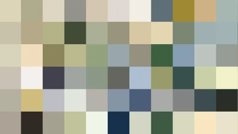 Raster aus kleinen Farbquadraten in Beige, Oliv, Grau und Blau, dazu ein senfgelber und ein dunkelblauer Block.