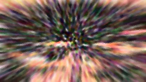 Abstrakte Komposition aus bunten, verwischten Streifen, die von einem dunklen Zentrum radial nach außen laufen. Farben reichen von Grün und Violett über Rosa bis Orange.