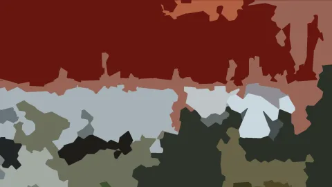 Abstrakte Komposition aus flachen, farbigen Flächen: oben dunkles Rot, darunter helles Graublau, unten Olivgrün und Dunkelgrün, in der Mitte rechts eine helle, figurartige Form.