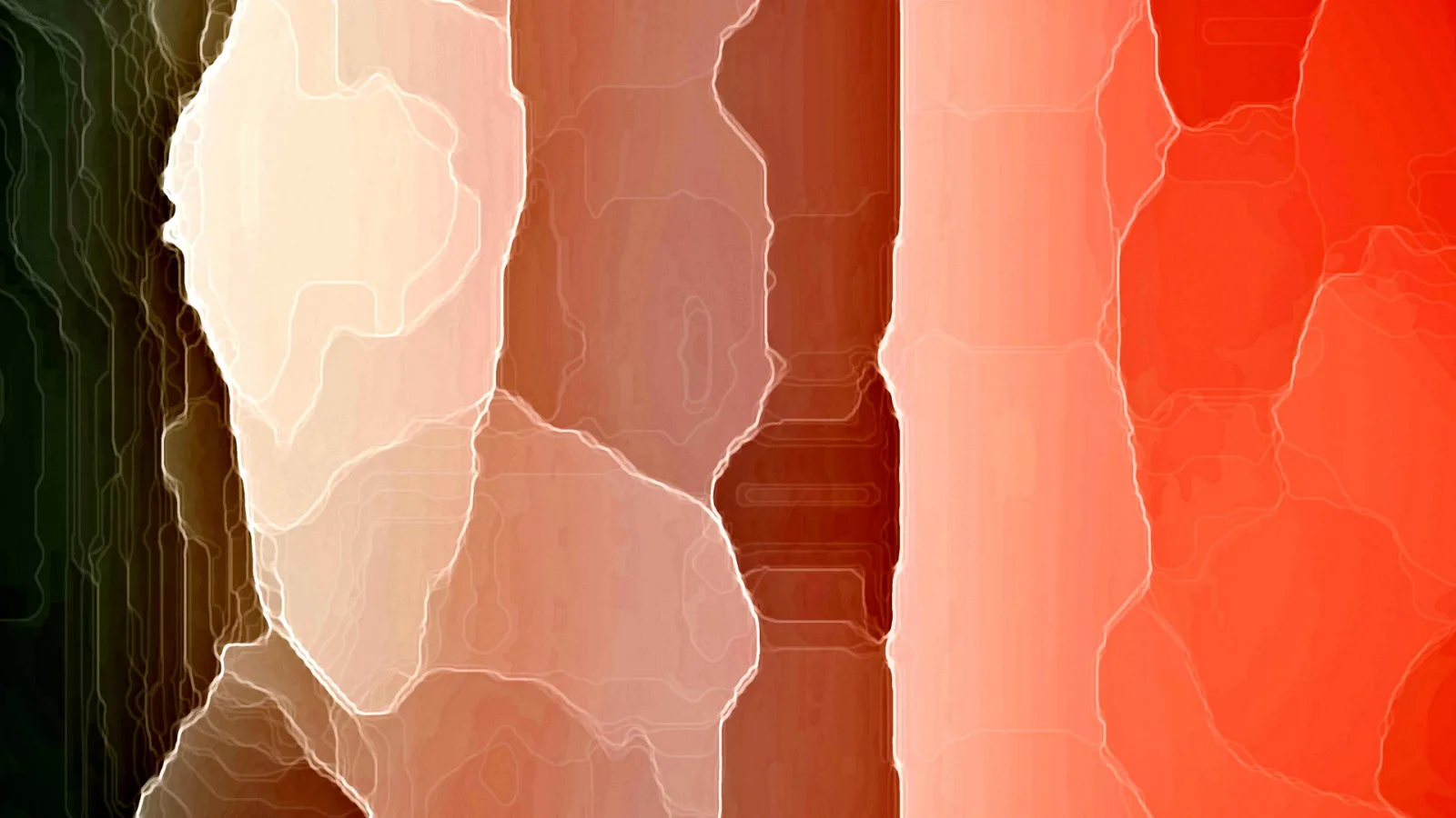 Abstraktes Muster aus senkrechten Streifen in Creme, Braun, Rosa und Rot, durchzogen von hellen, verzweigten Linien, die wie Risse oder Konturen wirken.