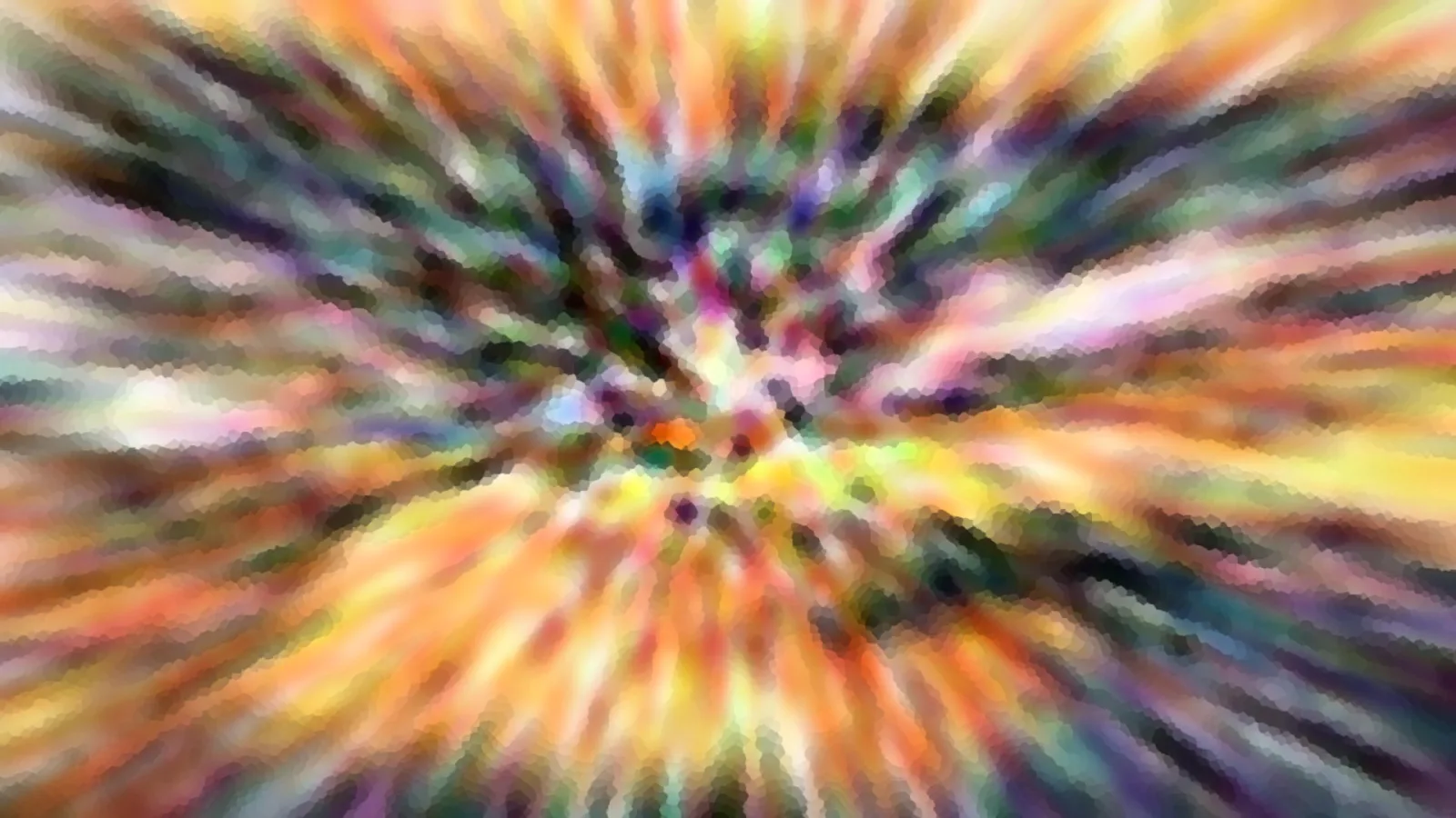 Abstraktes Bild mit radialen, verwischten Streifen in Orange, Gelb, Grün und Violett, die von einem hellen Zentrum nach außen laufen, mit pixeligem Muster.