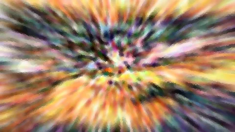 Abstraktes Bild mit radialen, verwischten Streifen in Orange, Gelb, Grün und Violett, die von einem hellen Zentrum nach außen laufen, mit pixeligem Muster.