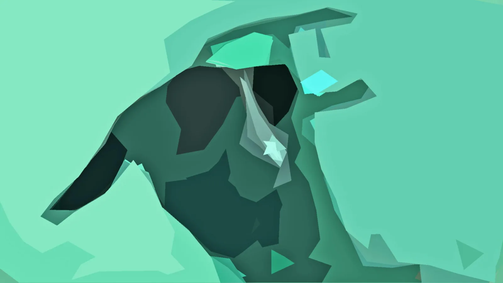 Abstrakte Low-Poly-Komposition in Mintgrün und Türkis mit einer dunklen, kopfähnlichen Form in der Mitte.