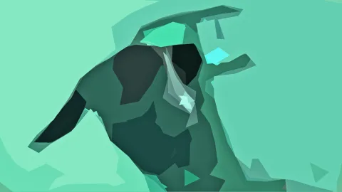 Abstrakte Low-Poly-Komposition in Mintgrün und Türkis mit einer dunklen, kopfähnlichen Form in der Mitte.