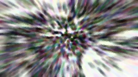 Abstraktes Bild mit radial von der Mitte nach außen laufenden Streifen in Violett, Grün, Weiß und Schwarz, grob gepixelt.