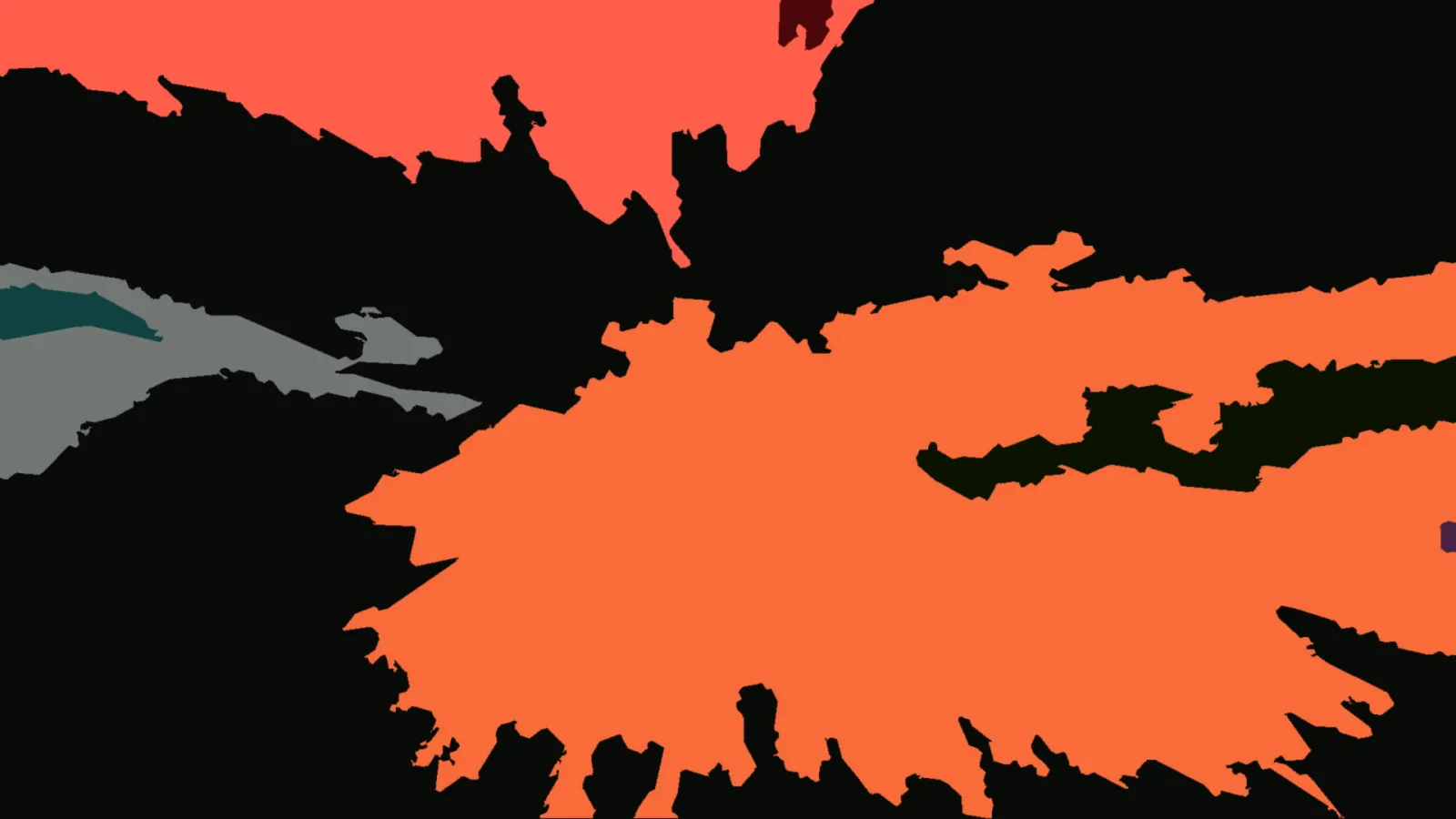 Abstrakte Komposition aus großen orangefarbenen und schwarzen Flächen mit zackigen Rändern, dazu kleinere graue und petrolfarbene Formen links und ein dunkelroter Fleck oben.