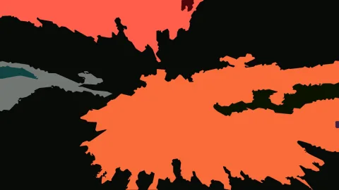 Abstrakte Komposition aus großen orangefarbenen und schwarzen Flächen mit zackigen Rändern, dazu kleinere graue und petrolfarbene Formen links und ein dunkelroter Fleck oben.