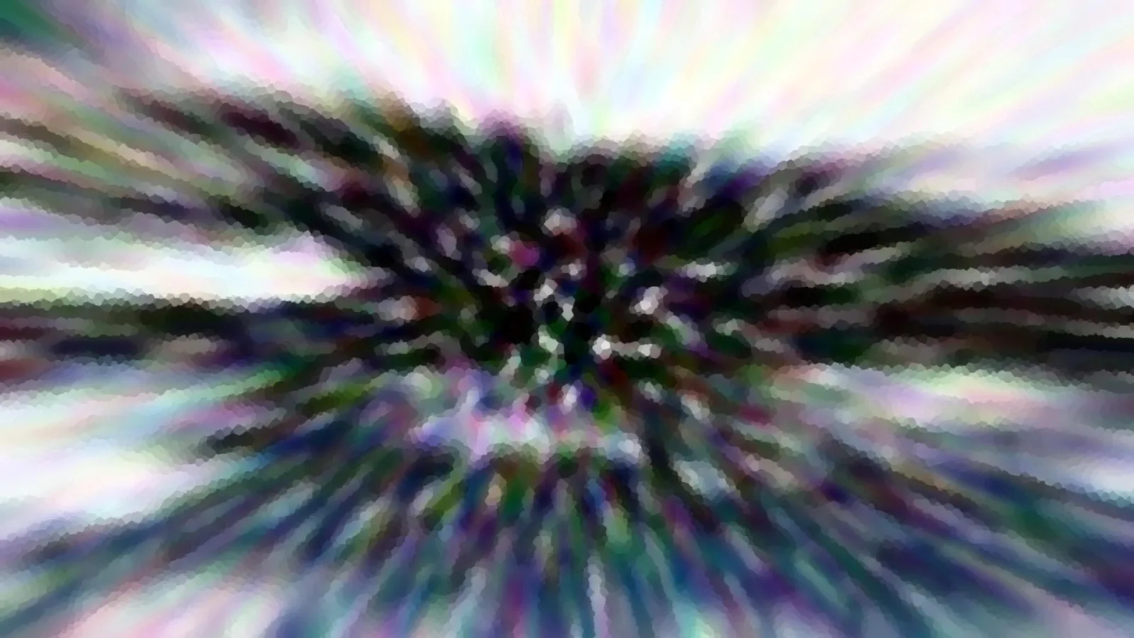 Abstraktes Bild mit farbigen Streifen, die von einem dunklen Zentrum radial nach außen laufen, grob gepixelt und stark verwischt.