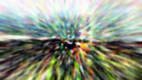 Abstrakte Komposition aus bunten, radial verwischten Streifen mit grobem Mosaikeffekt, im Zentrum ein dunkler Horizont mit Landschaft.