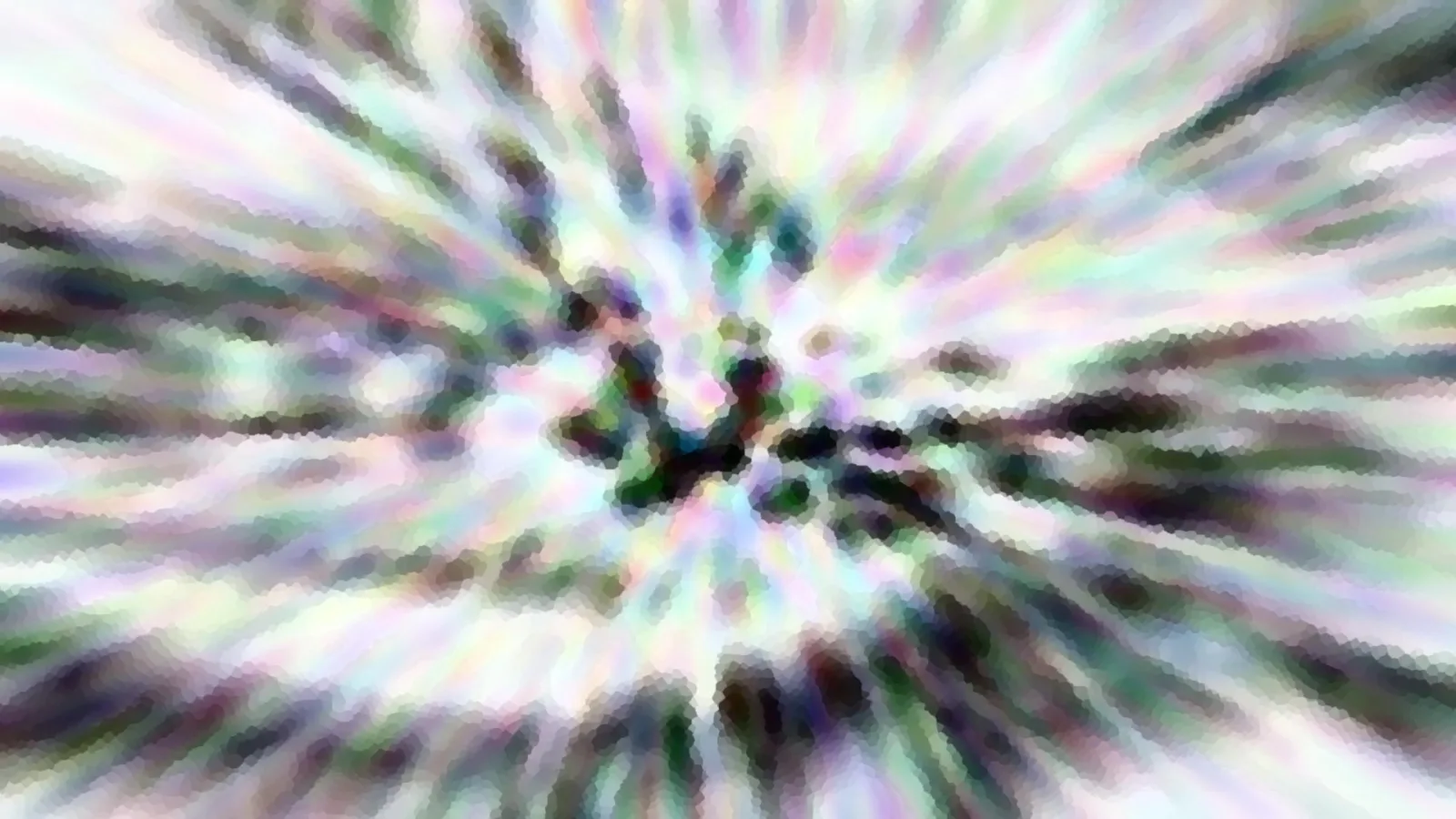 Abstraktes Bild mit radialem Zoomeffekt in Pastellfarben, Weiß, Grün und Violett, dunkle Flecken bilden einen Kern in der Mitte.