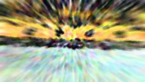 Abstrakte Komposition eines Sonnenuntergangs mit radialer Bewegungsunschärfe: gelb-oranger Himmel, dunkle Silhouetten am Horizont und türkisfarbener Grund.