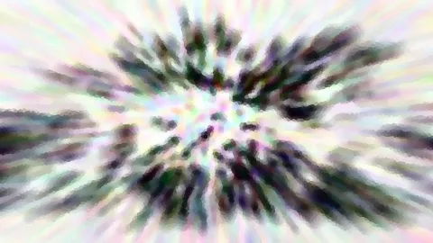 Abstrakte Komposition aus dunklen grünen und violetten Streifen, die von einem hellen Zentrum radial nach außen laufen, vor pastellfarbenem Hintergrund.