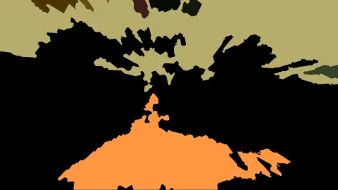 Abstrakte Komposition aus flachen, unregelmäßigen Formen in Schwarz, Olivgrün und Orange, die Form in der Mitte unten ist orange.