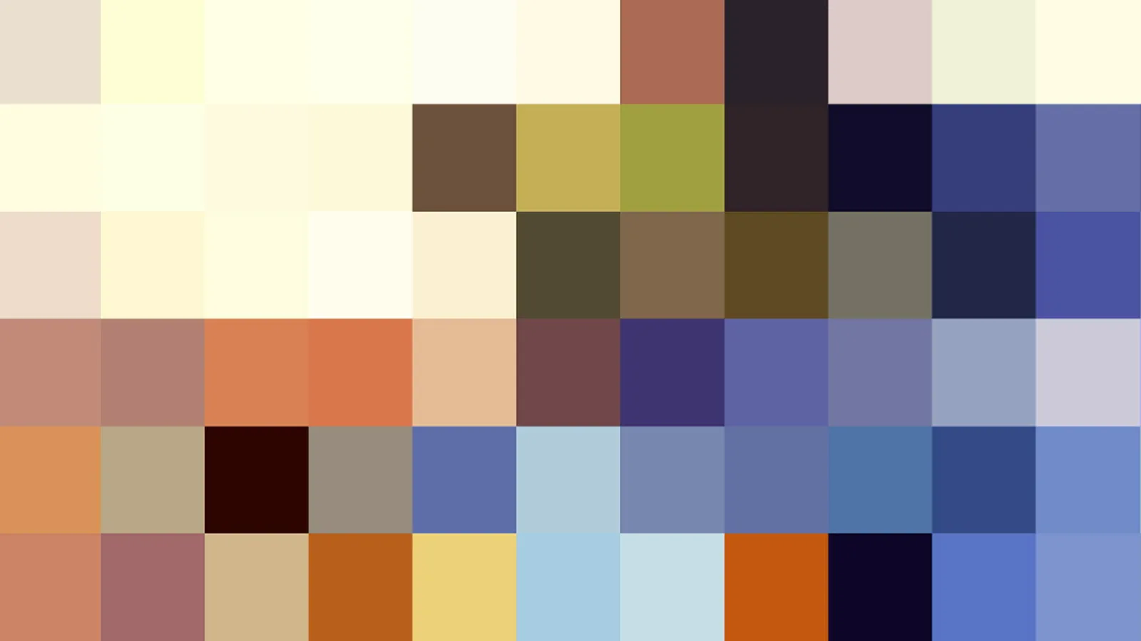 Grobes Mosaik aus quadratischen Farbfeldern in Creme, Ocker, Orange, Braun, Olivgrün und Dunkelblau mit schwarzen Akzenten