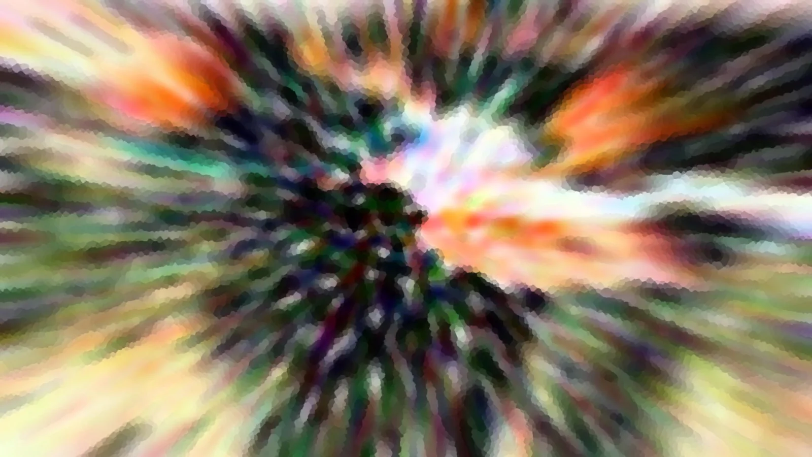 Abstrakte radiale Unschärfe mit farbigen Strahlen in Orange, Grün und Weiß, mosaikartig gepixelt, das Zentrum hell.