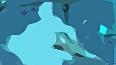 Abstrakte Komposition aus blauen und türkisen Polygonflächen, in der Mitte eine große helle Form mit dunkleren Schatten.
