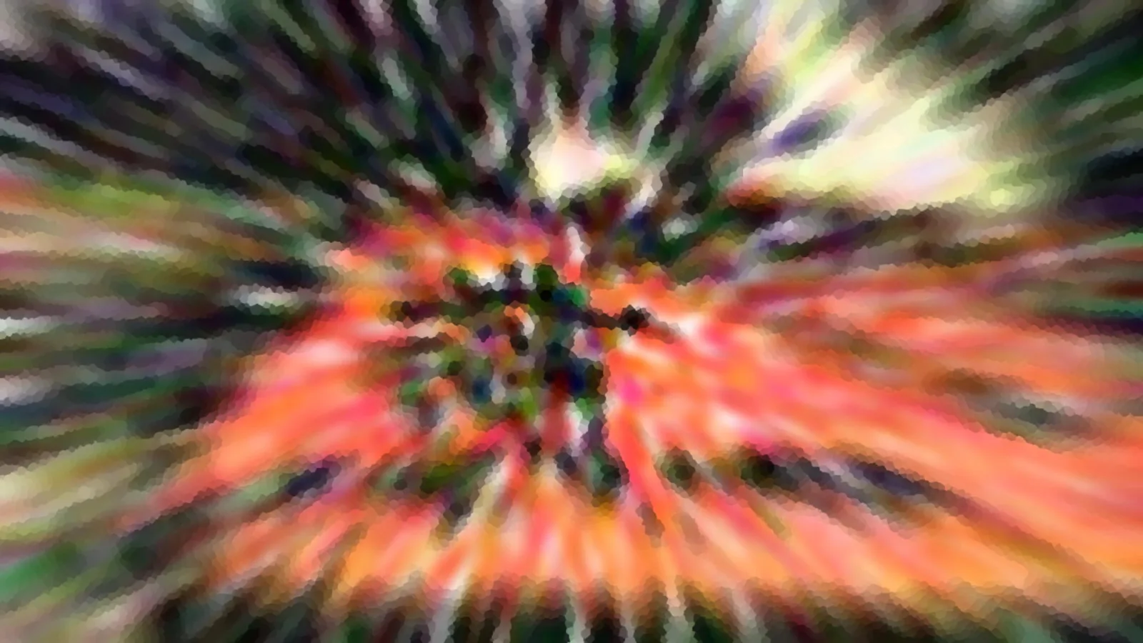 Abstrakte Komposition mit radialem Zoom-Effekt: Farbstreifen in Orange, Grün, Weiß und Violett laufen von einem dunklen Zentrum nach außen.