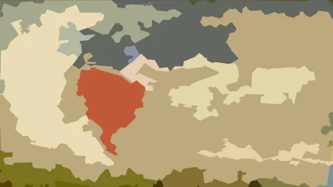 Abstrakte Komposition aus beigen, grauen und olivgrünen Flächen mit einem roten Feld links der Bildmitte.
