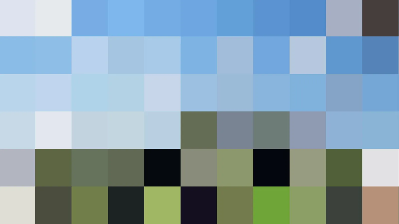 Raster aus farbigen Quadraten: oben helle und mittelblaue Felder, unten dunkel- und olivgrüne sowie schwarze Felder.