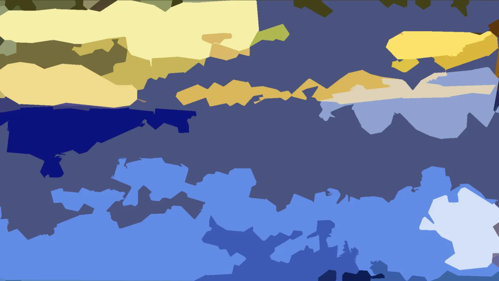 Abstrakte Komposition aus flachen, unregelmäßig geformten Farbflächen in Gelb, Ocker, Blau und Dunkelblau auf grau-blauem Grund.