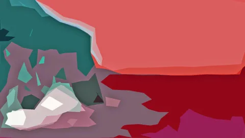 Abstrakte Komposition aus kantigen Flächen in Petrol, Koralle, Rot und Pastellrosa.