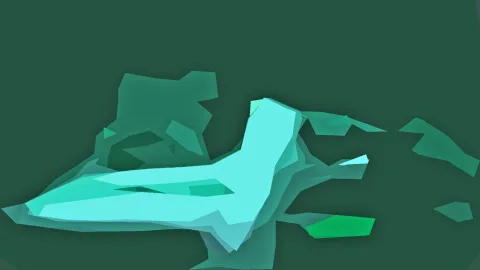 Abstrakte Komposition aus hellen und dunkleren türkisgrünen Flächen auf dunkelgrünem Grund, die Hauptform zieht sich diagonal von links nach rechts.