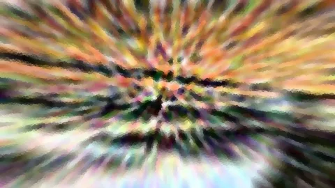 Abstrakte Komposition aus bunten, radial vom Zentrum ausstrahlenden Streifen in Orange, Grün und Gelb, pixelig gerastert.