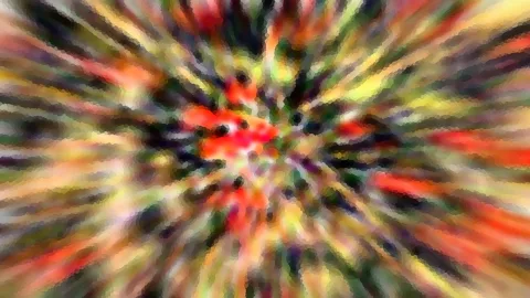 Abstraktes Bild mit radial von der Mitte ausstrahlenden Streifen in Rot, Gelb, Grün und Schwarz, mosaikartig pixelig.