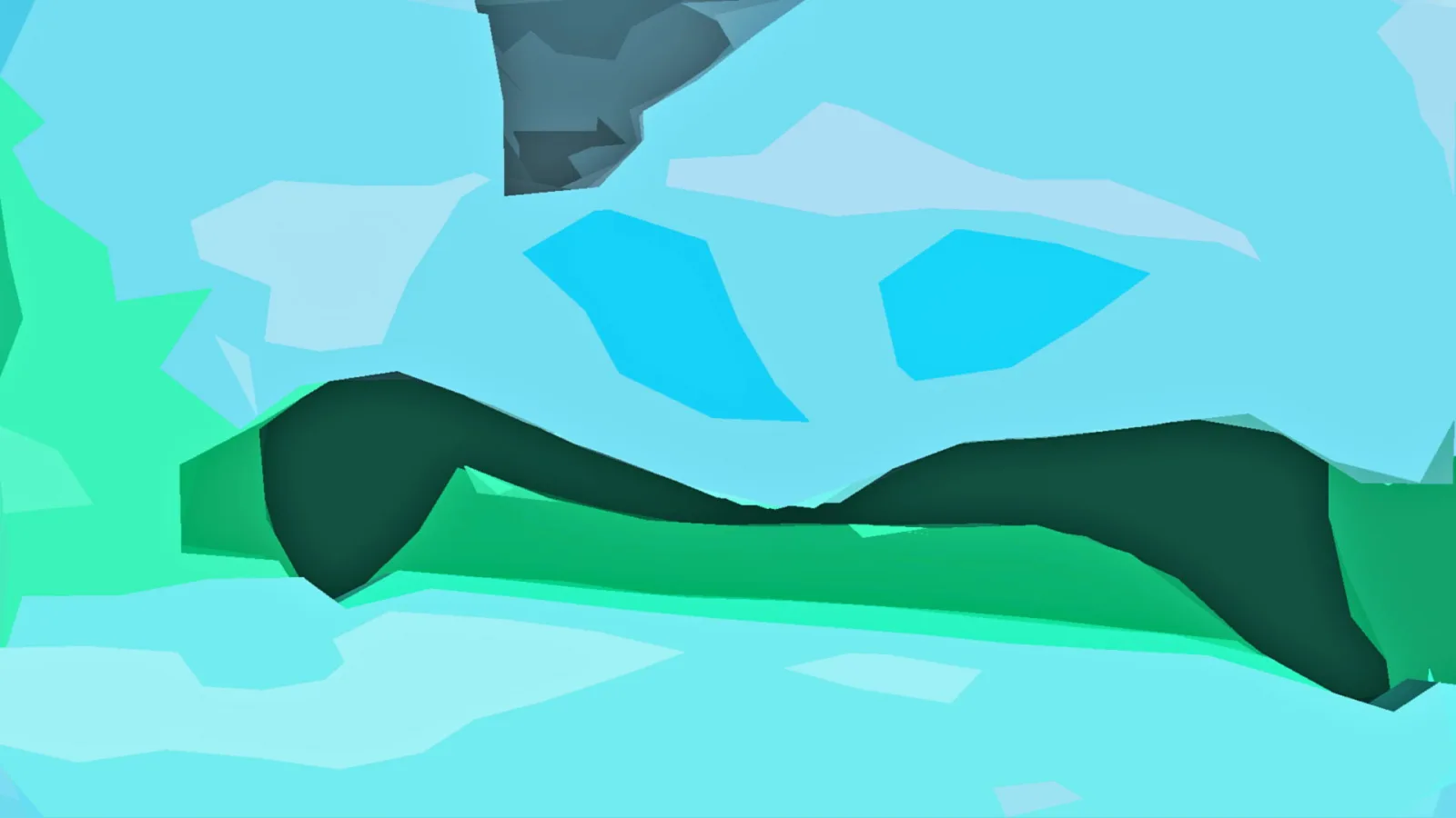 Abstrakte Low-Poly-Landschaft in Türkis und Grün mit dunklen Schattenformen und einem grauen Felsen am oberen Rand