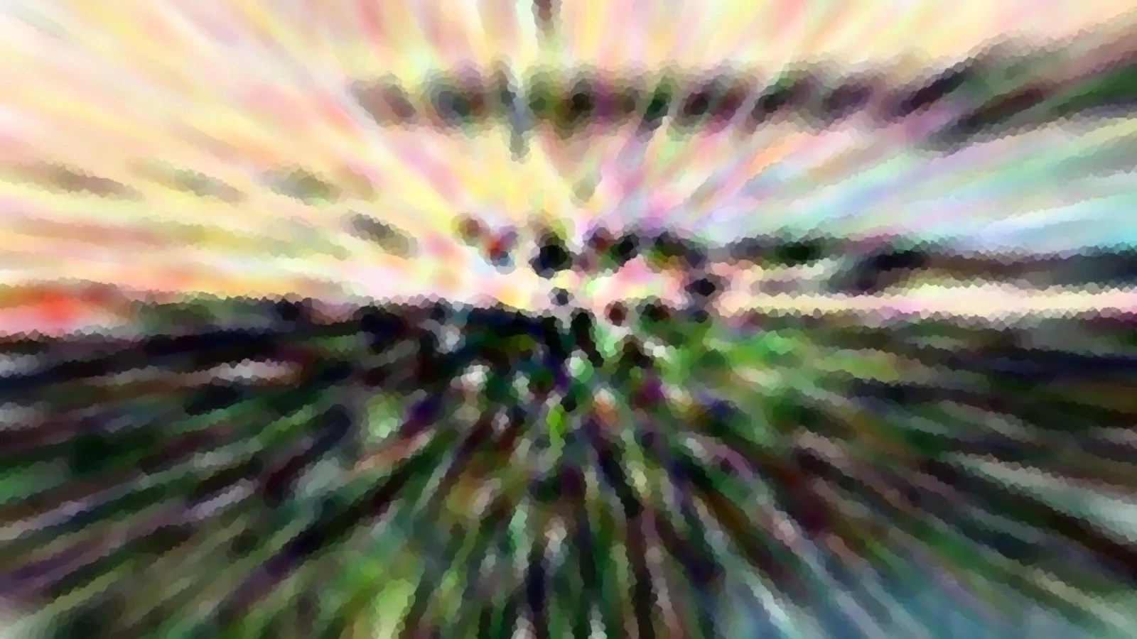 Abstrakte Komposition mit radial verlaufenden Streifen in Gelb, Rosa und Grün, überzogen von einem groben Mosaikraster