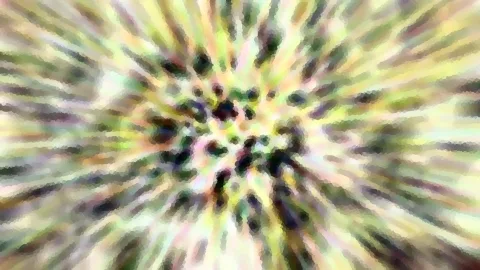 Abstrakte Komposition aus radial von der Mitte nach außen laufenden Streifen in Gelb, Grün, Rosa und Dunkelgrau, mosaikartig verpixelt.