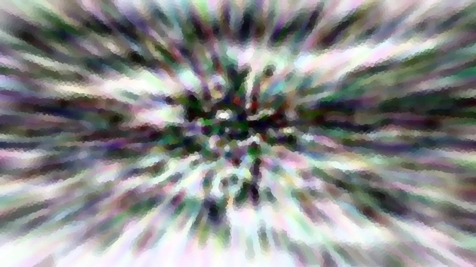 Abstraktes Bild mit radialer Bewegungsunschärfe, die von der Mitte nach außen verläuft. Farben sind Grün, Violett, Weiß und Schwarz in pixeligen Schlieren.