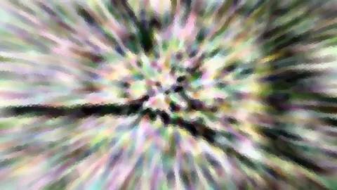 Abstrakte Komposition aus pastellfarbenen Streifen, die von einem dunklen Zentrum radial nach außen laufen, mit mosaikartiger Körnung.