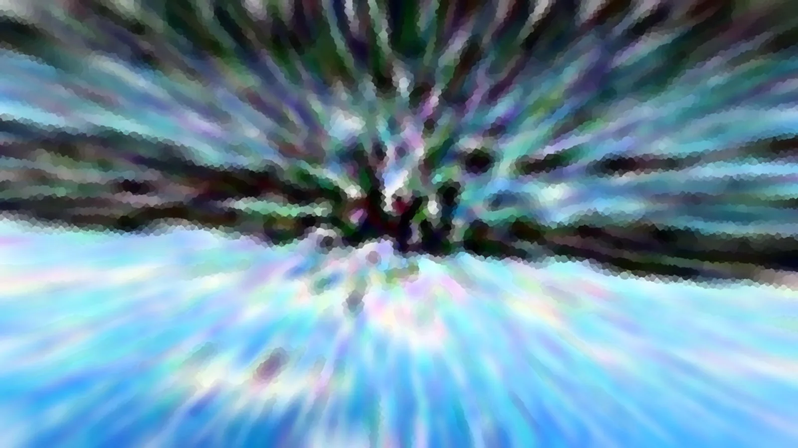 Abstrakte Komposition mit radialen Streifen, die von einem dunklen Zentrum nach außen strahlen, in Blau-, Türkis- und Grüntönen mit violetten Lichtreflexen und pixeligen Kanten.