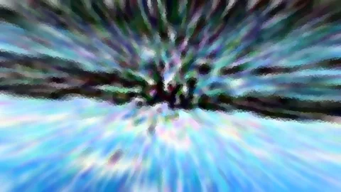 Abstrakte Komposition mit radialen Streifen, die von einem dunklen Zentrum nach außen strahlen, in Blau-, Türkis- und Grüntönen mit violetten Lichtreflexen und pixeligen Kanten.
