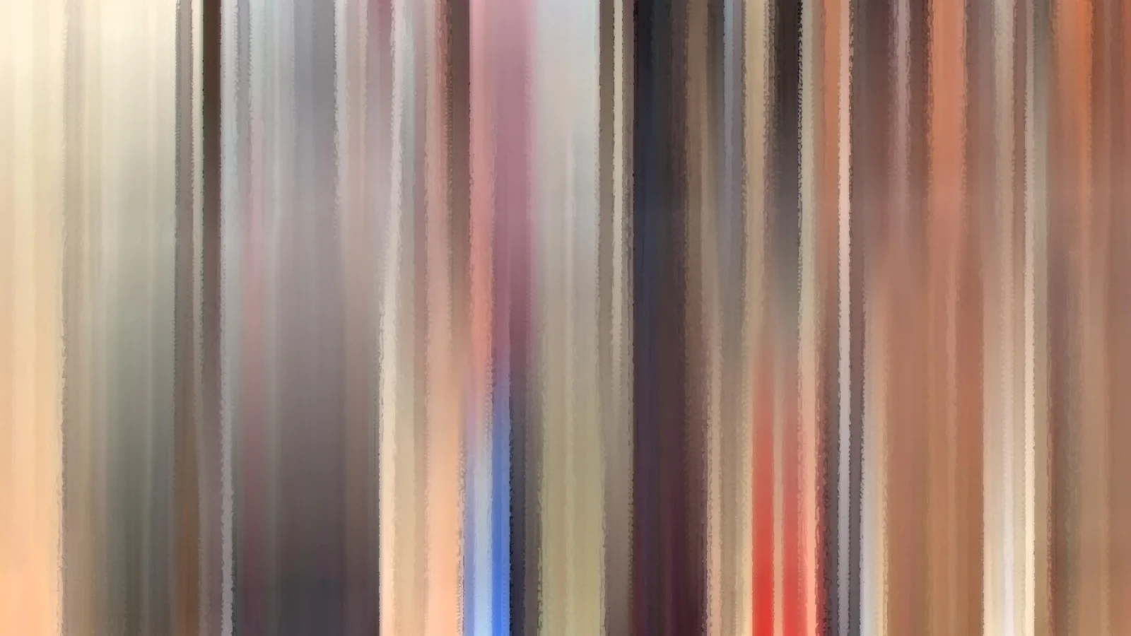 Abstrakte Komposition aus senkrechten, verwischten Streifen in Beige, Braun, Grau, Rosa, Dunkelblau und vereinzeltem Rot.