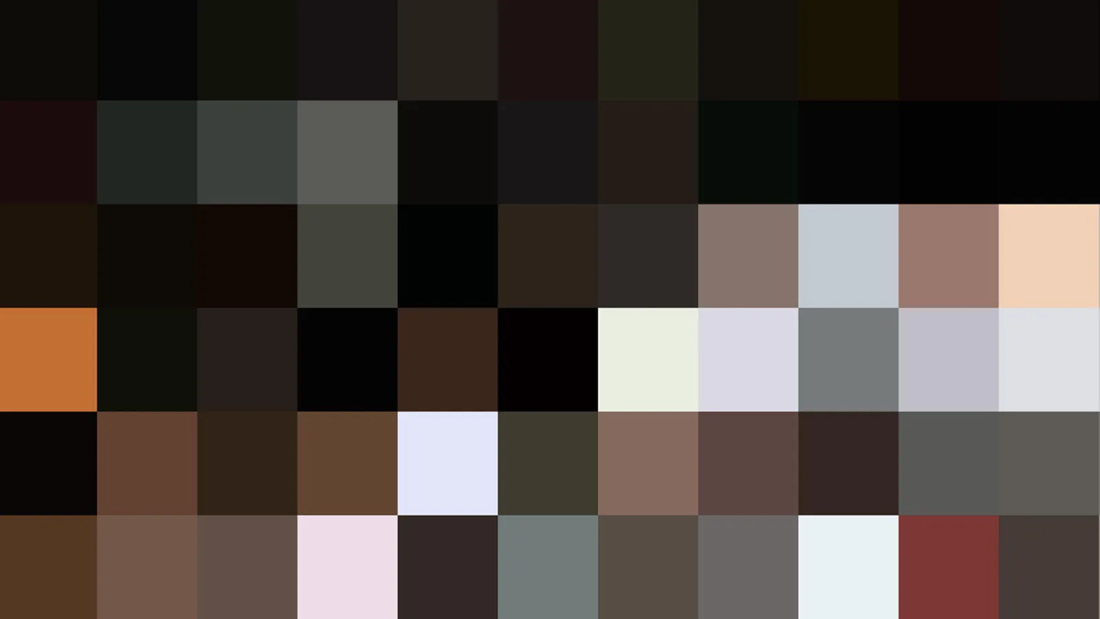 Pixeliges Mosaik aus Farbblöcken in Schwarz, Braun, Orange, Weiß und Grau, ohne erkennbare Figuren.