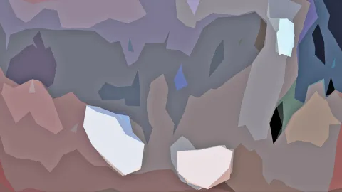 Abstrakte Komposition aus kantigen, pastellfarbenen Flächen in Grau, Lila, Rosa und Weiß, rechts ein blauer Bereich mit schwarzen Schlitzen.