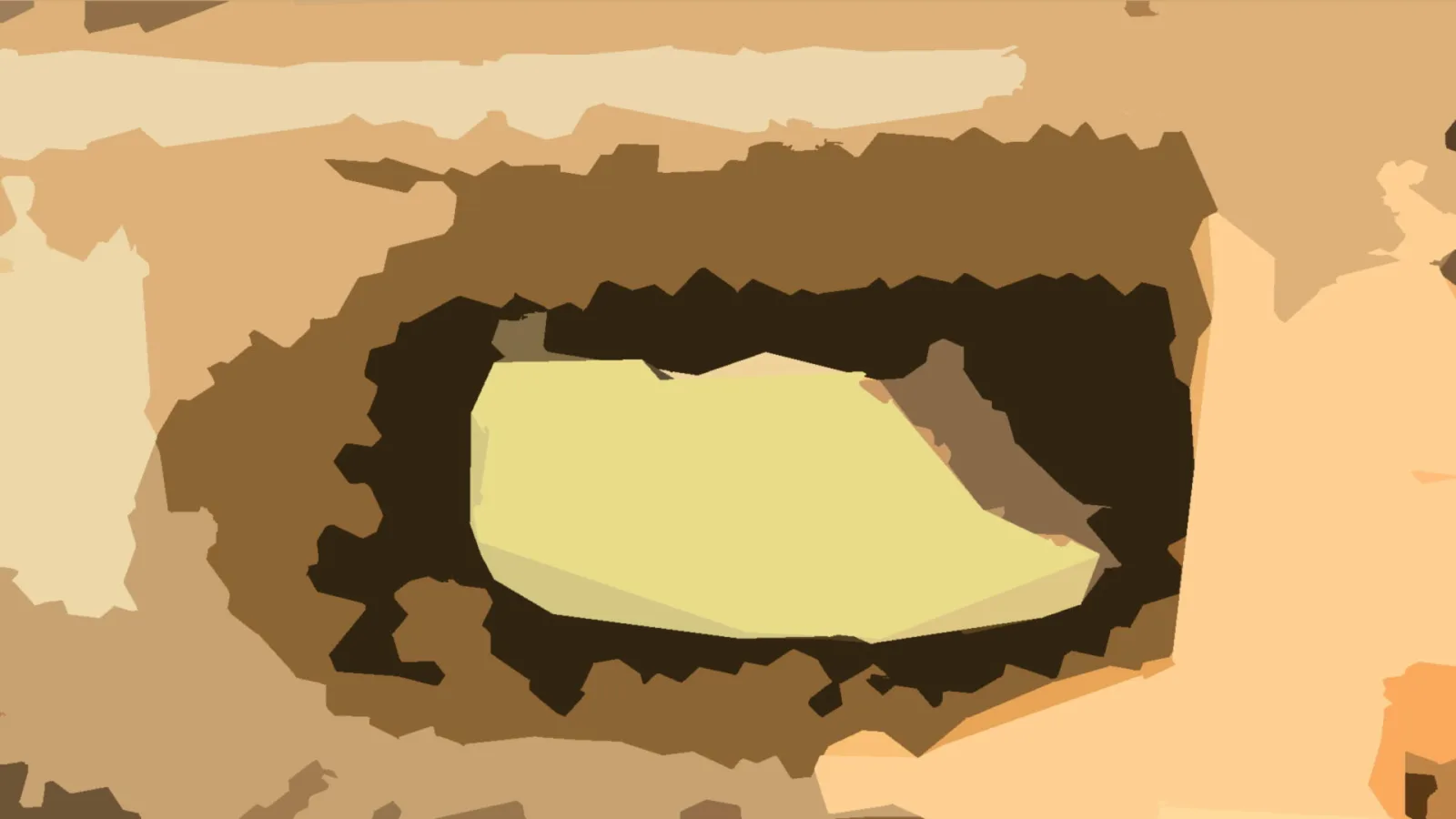 Abstrakte Komposition aus braunen, beigen und ockerfarbenen Flächen mit einer hellgelben ovalen Form in der Mitte und einem fast schwarzen Schatten dahinter.