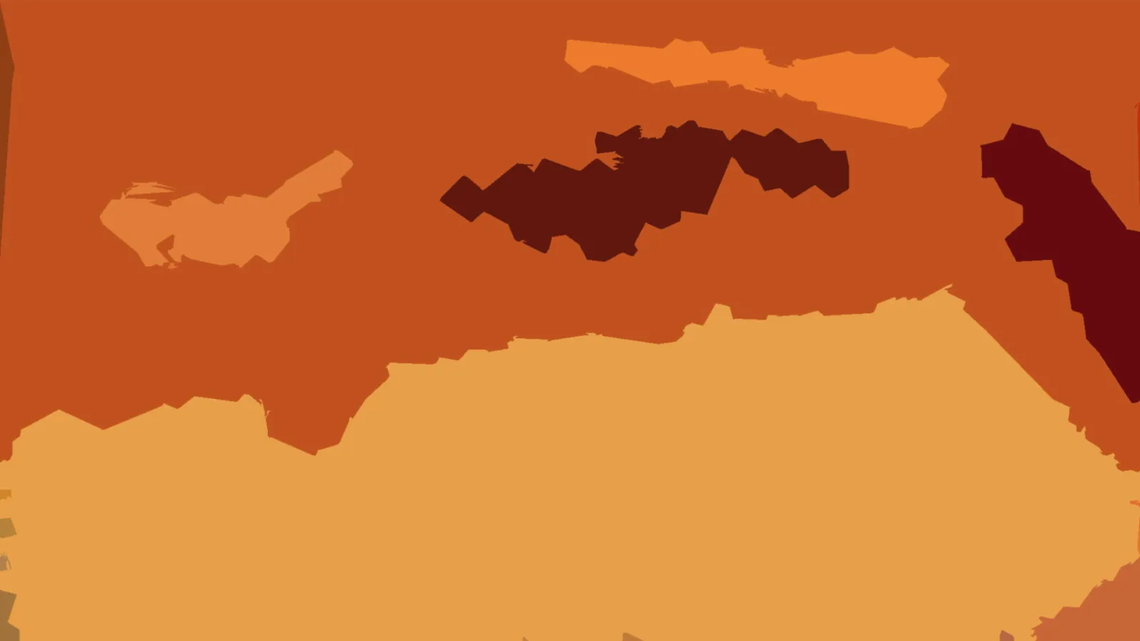 Abstrakte Komposition aus orangefarbenen, rotbraunen und sandfarbenen flachen Formen vor einem orangefarbenen Hintergrund.