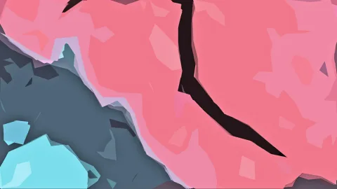 Abstrakte Low-Poly-Komposition in Rosa und Pink mit einem schwarzen, diagonal verlaufenden Riss, links unten graublaue Flächen und türkisfarbene Kristallformen.