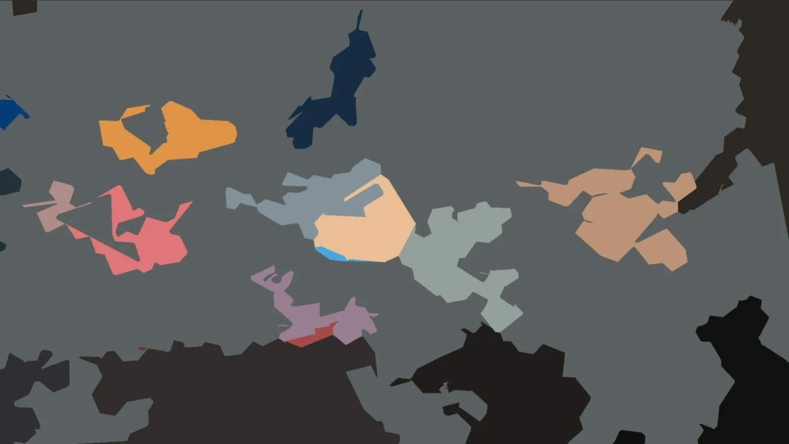 Abstrakte Komposition mit organischen Farbflächen in Orange, Beige, Rosa und Blau auf grauem Grund.