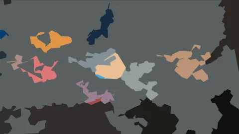 Abstrakte Komposition mit organischen Farbflächen in Orange, Beige, Rosa und Blau auf grauem Grund.