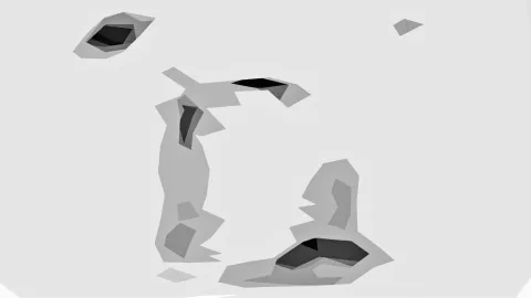 Graue, kantige Formen mit dunklen Aushöhlungen auf hellgrauem Hintergrund.