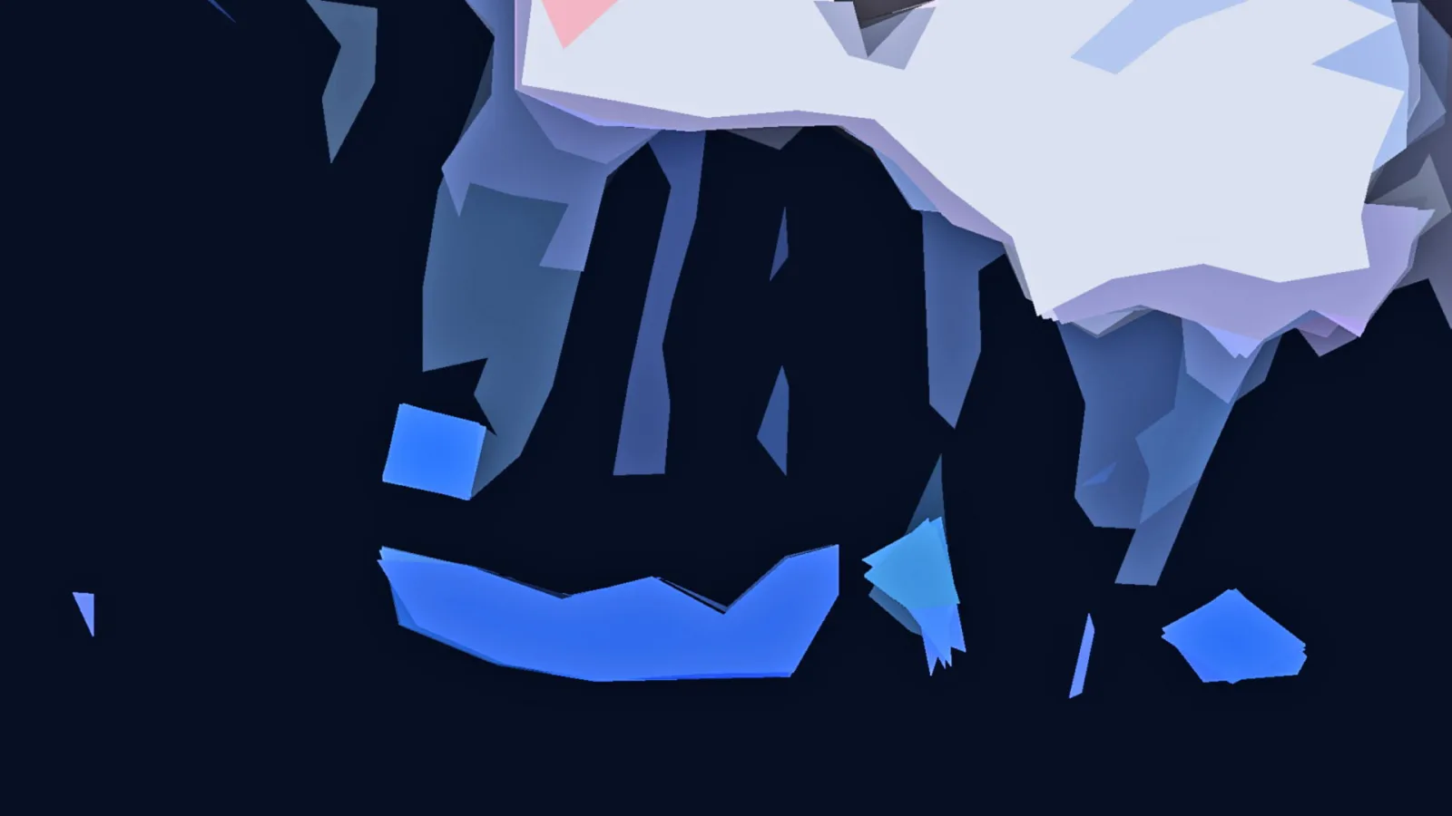 Abstrakte Komposition aus blauen, weißen und grauen Flächen mit einzelnen rosafarbenen Akzenten auf dunkelblauem Hintergrund.